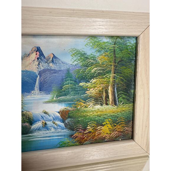 Vintage Wood framed oil painting on canvas with mountains, water falls, - Picture 4 of 9